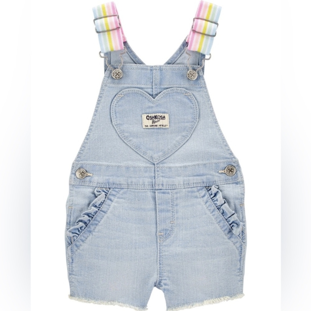 Denim Overalls with Heart Patch And Rainbow Pastel Striped Adjustable Straps